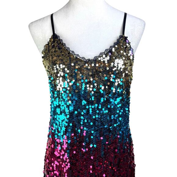 Kate Kason Colorful All Over Sequin Strappy Mini Shift Vibrant Party Dress - Picture 6 of 13